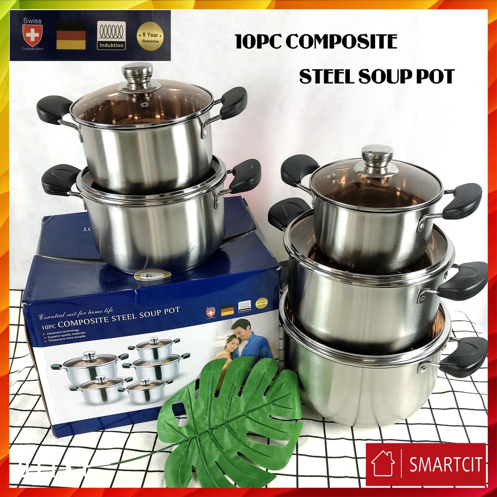 [FREESHIP] Bộ nồi inox Đức cao cấp 5 món hàng chính hãng vung kính Composite Steel Soup Pot