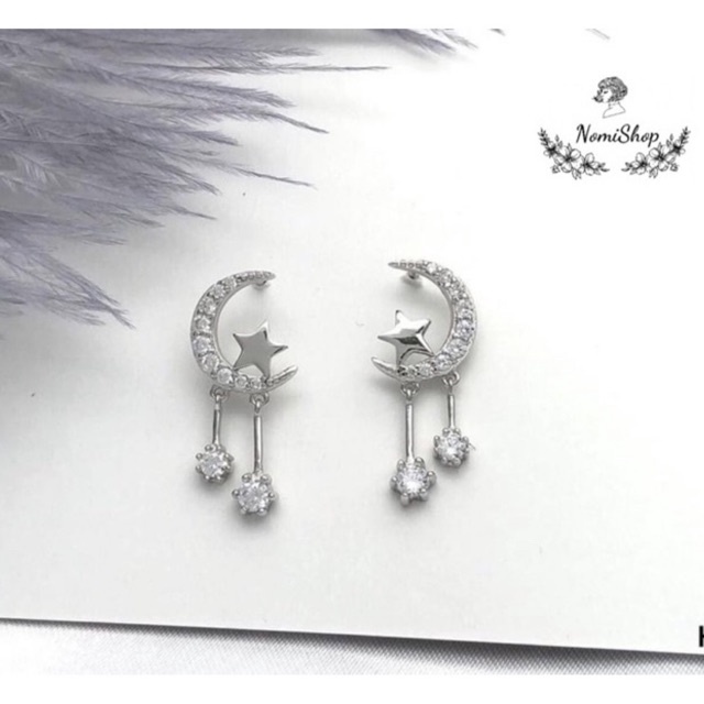 Bông tai nữ Bạc ta, Trăng sao lấp lánh dễ thương. Thu hút ánh nhìn Mainomi Shop Bạc Xinh