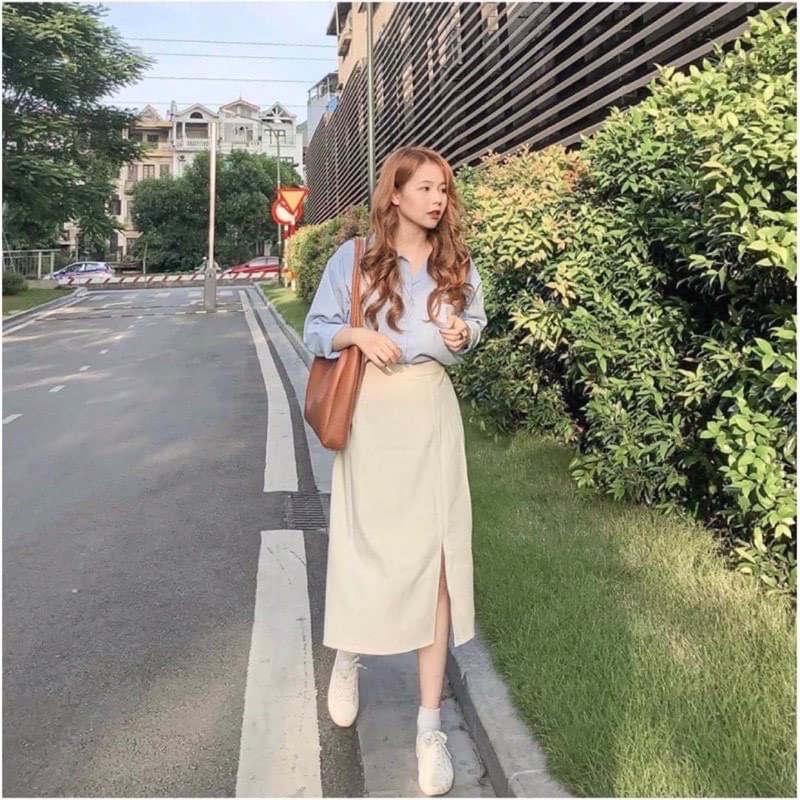 [HÀNG SẴN] CHÂN VÁY MIDI SKIRTS XẺ TÀ cách điệu style ulzzang