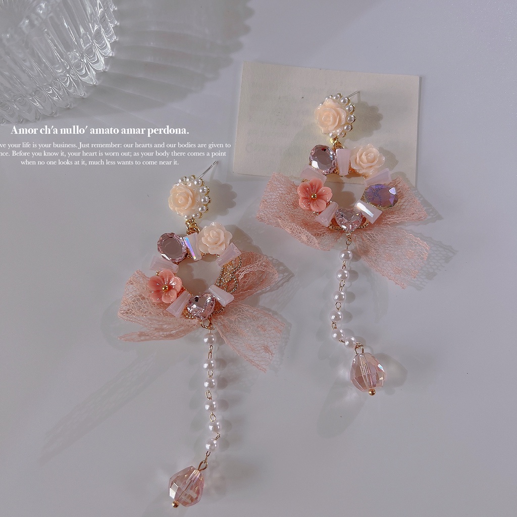 Bông Tai Đính Ngọc Trai Và Đá Hình Giọt Nước Phối Ren Tua Rua Phong Cách Hàn Quốc Sang Trọng Thời Trang 2022