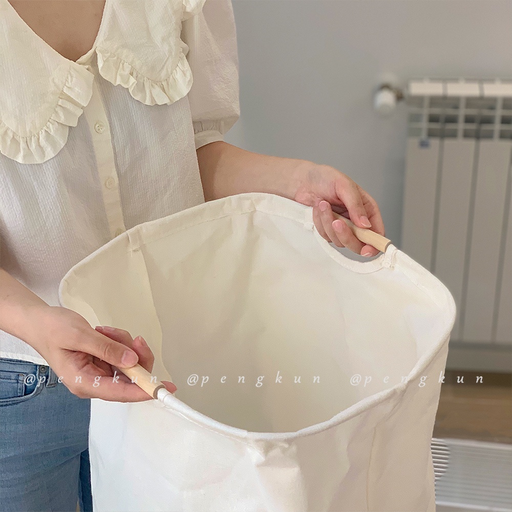 Giỏ đựng quần áo dơ/đồ chơi/chăn mền chống nước gấp được tay cầm bằng gỗ phong cách Nhật Bản