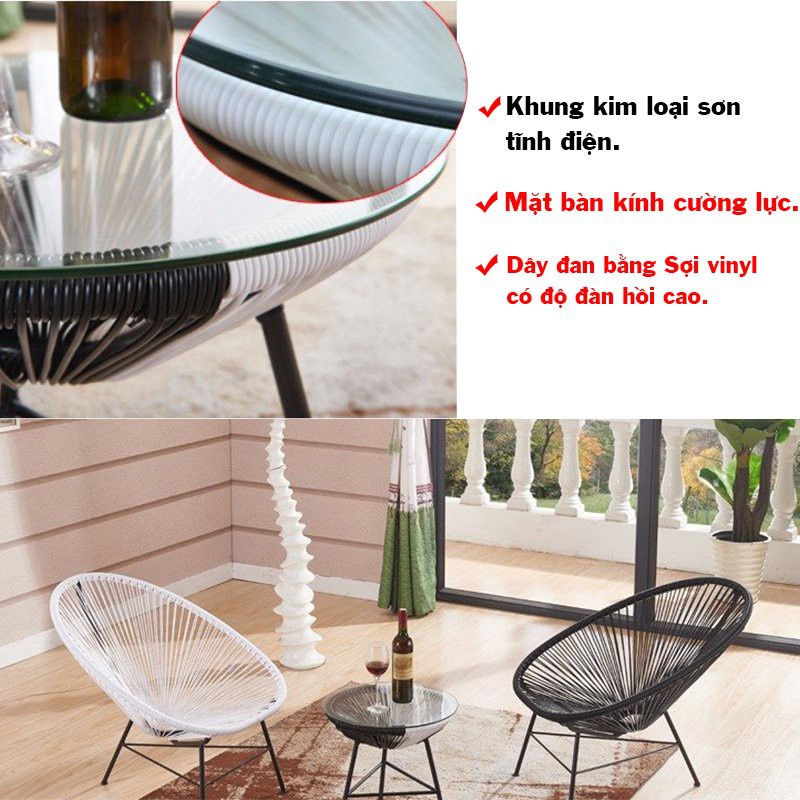 Bộ bàn ghế ban công gồm 1 bàn và 2 ghế mây đan, bộ bàn ghế thư giãn trang trí phòng khách sân vườn cà phê / Healhomes