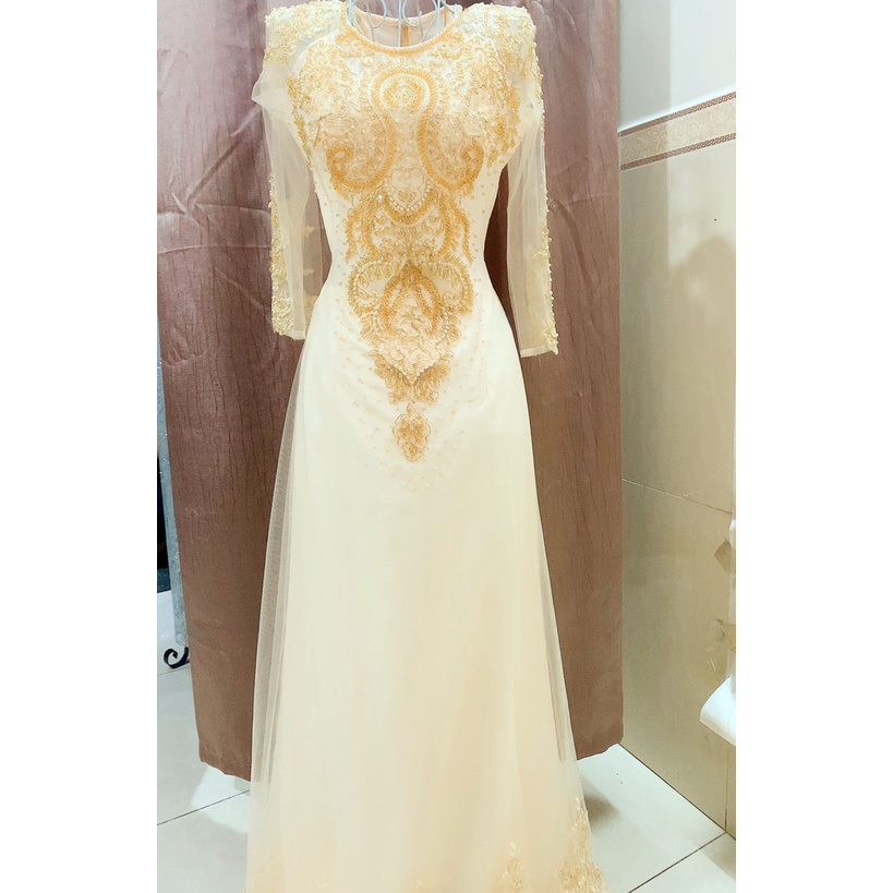 ÁO DÀI DỰ TIỆC 6 TÀ MÀU KEM DA - ẢNH THẬT