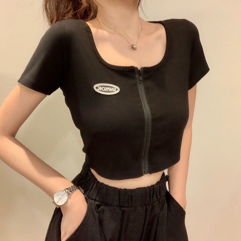 Cropped Top Cotton Pure Short cạp cao Thiết kế cạp cao Cảm giác Rốn qua Internet Người nổi tiếngT-shirt Girl Hot Girl Sexy All-Matchwear Tops Hợp thời trang Cô gái ngọt ngào Phong cách sexy Áo croptop