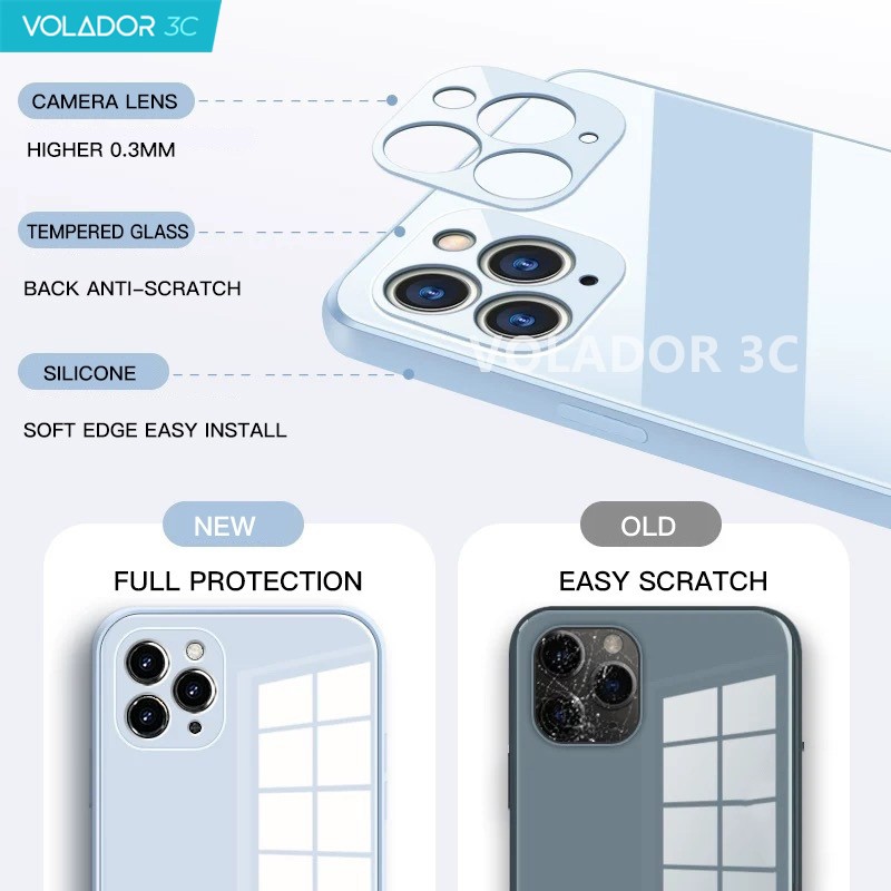 Ốp lưng thủy tinh Iphone Silicone lỏng chống trượt Cạnh vuông 9H Cứng cho iPhone 12 11 Pro Max XR XS Max 6 6s 7 8 Plus Chống va đập Vỏ bảo vệ máy ảnh