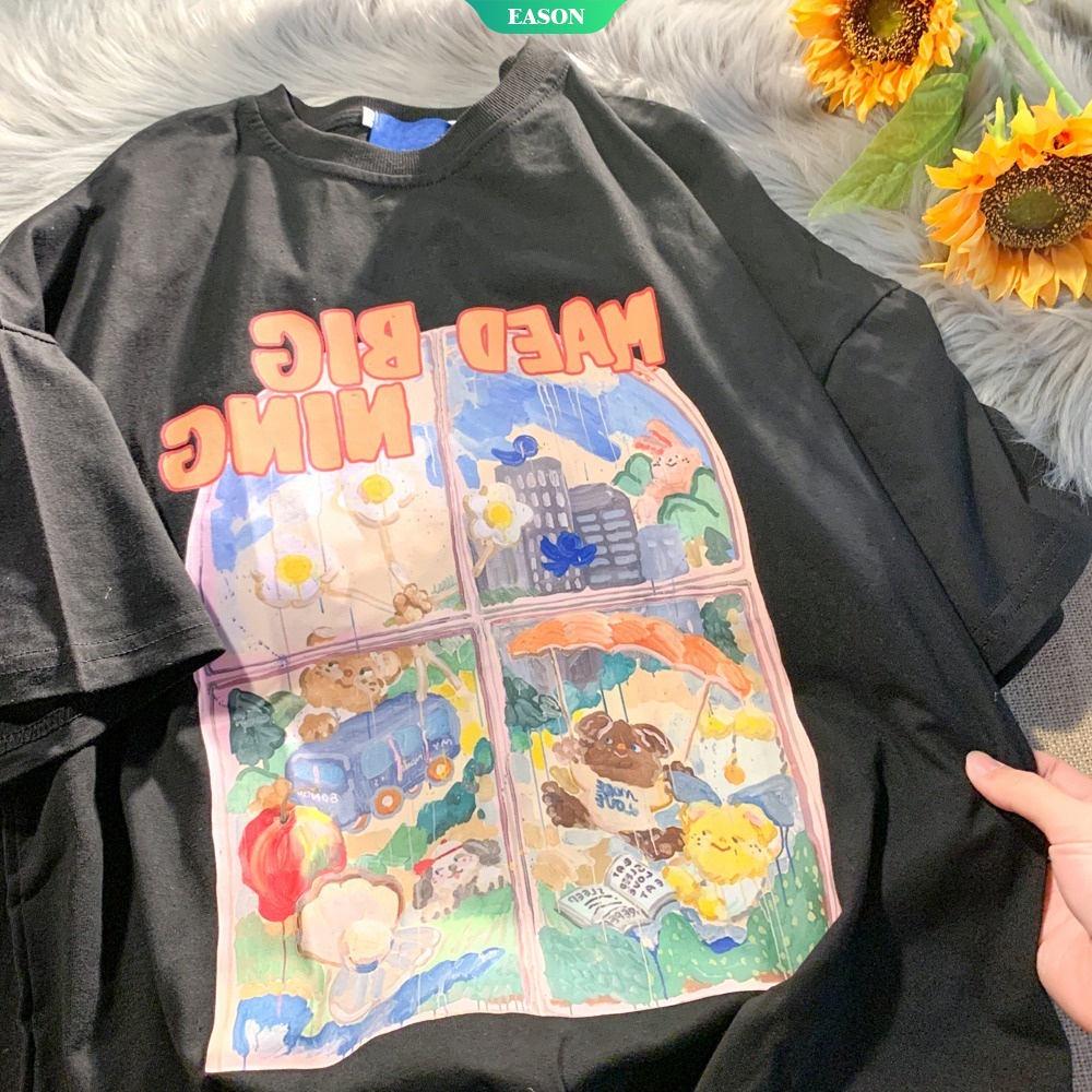 Áo Thun Tay Ngắn Dáng Rộng In Họa Tiết Tranh Sơn Dầu Thời Trang Mùa Hè Phong Cách Nhật Bản Cho Nữ