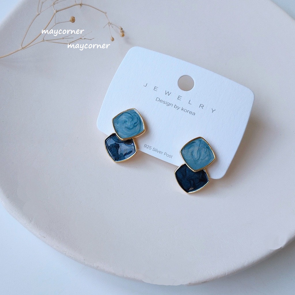 Khuyên tai hình học vân đá xanh dương mạ bạc 925 cao cấp sáng B501