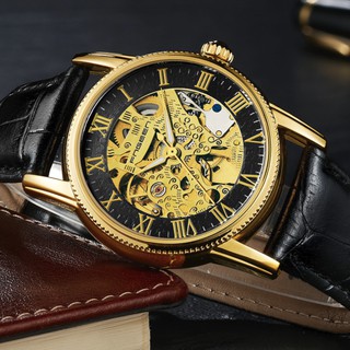 Đồng Hồ Cơ Nam FNGEEN Lộ Cơ 2 Mặt Cao Cấp Mạ Vàng Dây Da Thật Màu Đen