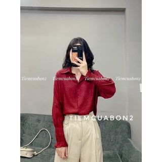 ANU817 - ÁO SƠ MI NỮ CỔ ĐỨC ĐŨI XƯỚC ĐỎ TAY BO CHUN