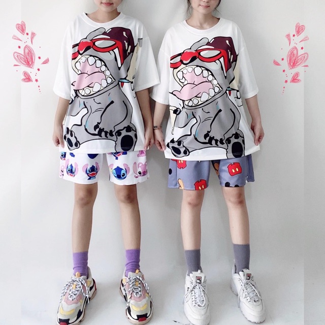 Áo Thun Tay Lở 3D Stich/Set Cartoon Ngắn+Overtee 3D Stich