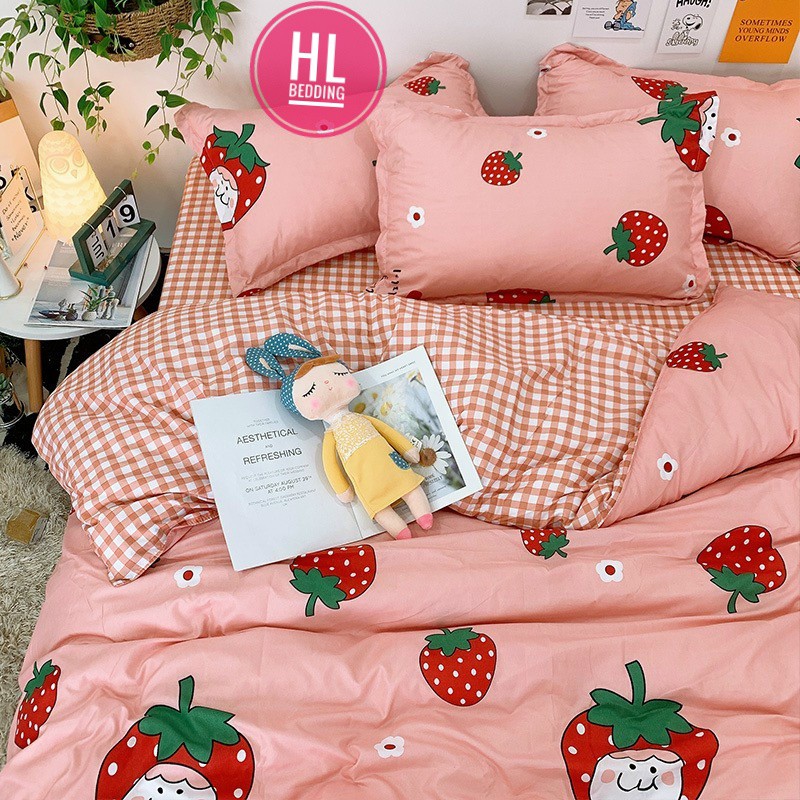 Bộ vỏ chăn ga gối cotton poly HL bedding quả dâu baby chăn ga Hàn Quốc đủ size miễn phí bo chun