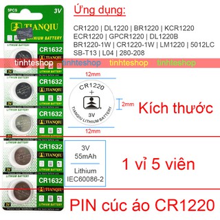 Pin CR1220 DL1220 BR1220 KCR1220 ECR1220 GPCR1220 DL1220B BR1220-1W CR1220-1W LM1220 5012LC SB-T13 Tianqiu 1 vỉ 5 viên
