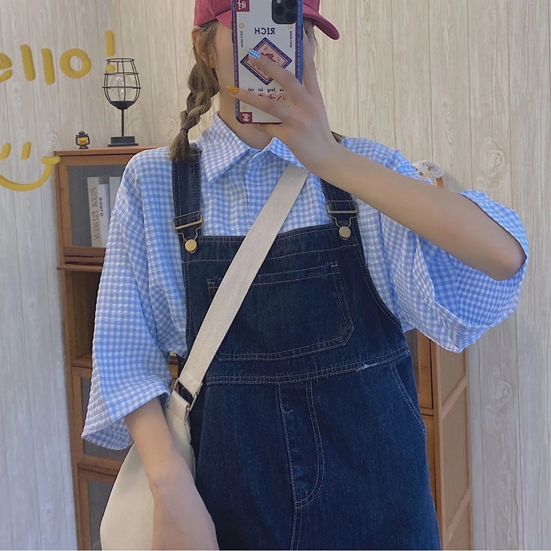 Chân váy yếm IELGY denim màu xanh dương đậm cổ điển cho nữ