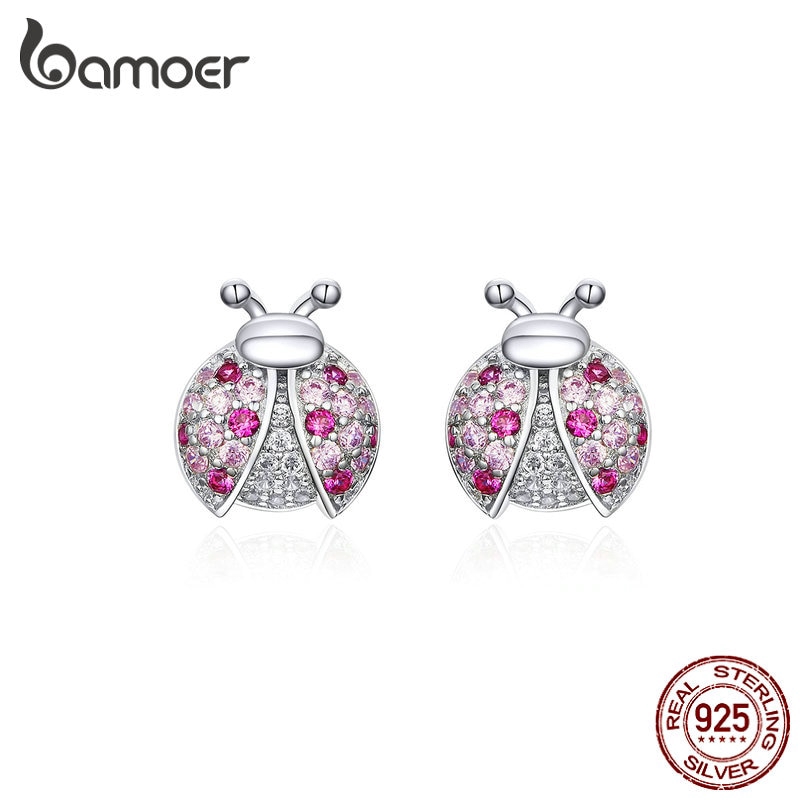 Khuyên tai Bamoer SCE715 xi bạc 925 hình chú bọ rùa đính đá màu hồng thời trang cho nữ