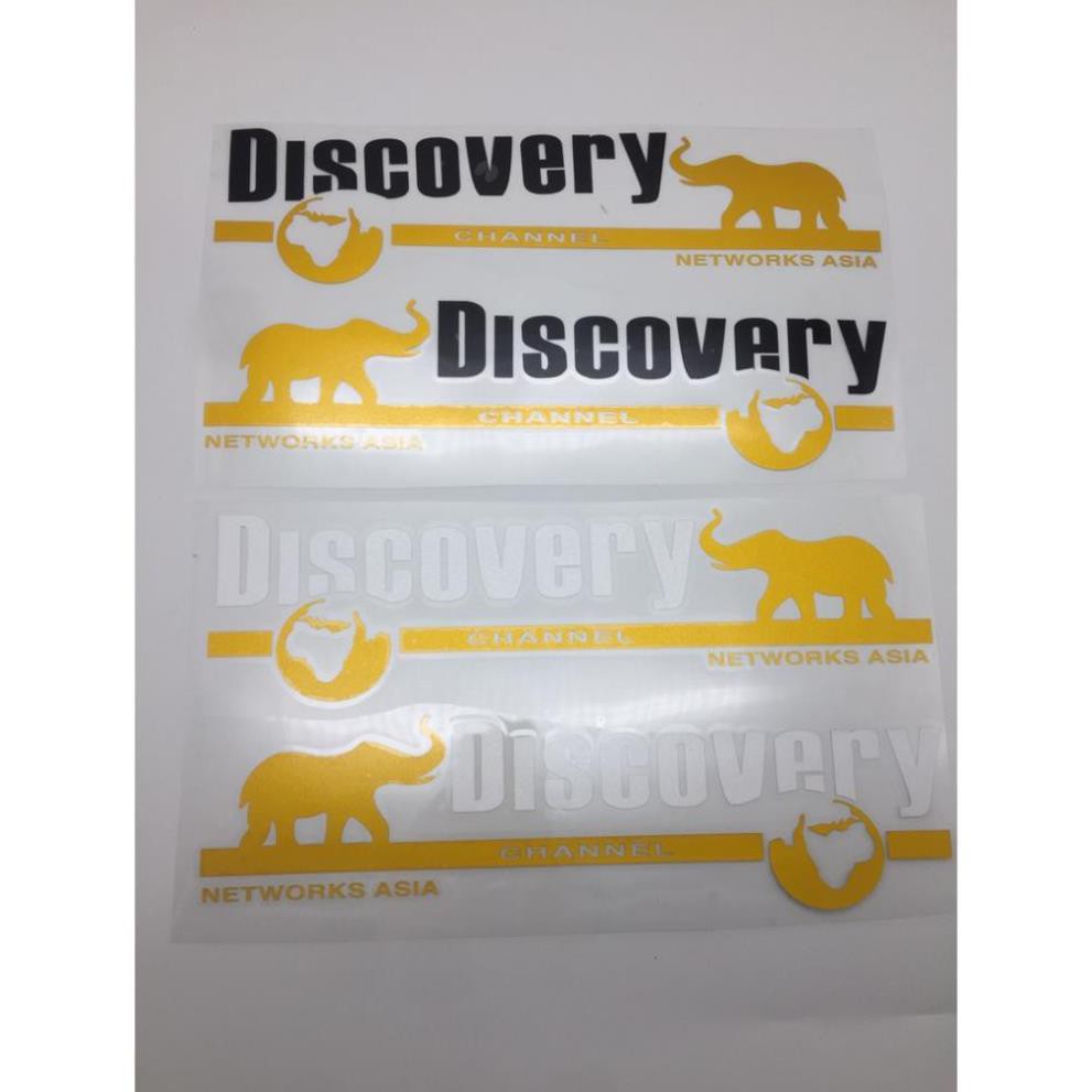 Bộ 2 tem dán decal DISCOVERY CHANNEL vàng đen trắng phong cách