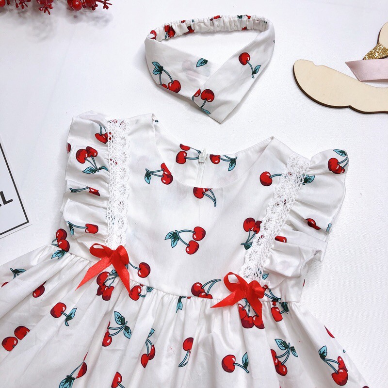 Váy Trắng Cánh Tiên Hoạ Tiết Quả Cherry Cho Bé Gái 1 Tuổi Đến 8 Tuổi