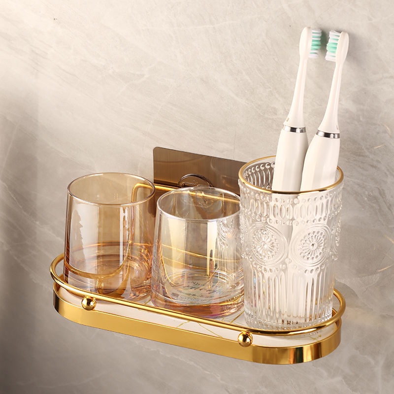 A-LIFE Giá Đỡ Bàn Chải Đánh Răng / Giá Đỡ Bàn Chải Đánh Răng Gắn Tường Miễn Đục Lỗ Sang Trọng Cho Phòng Tắm/Giá Kệ kèm cốc sứ cắm bàn chải đánh răng, khay bùn tảo cát bay hơi nước trong