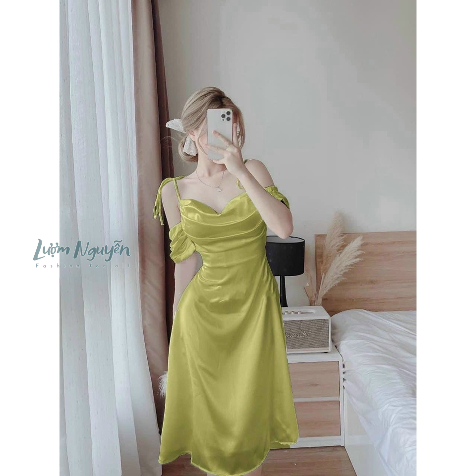 Đầm cổ đổ hai dây có mút ba màu xanh trắng và đen