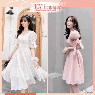 Váy dự tiệc cưới đơn giản đầm tiệc cưới cổ vuông tay voan nơ tôn da chất liệu tơ xốp mịn 2 lớp full K N Boutique