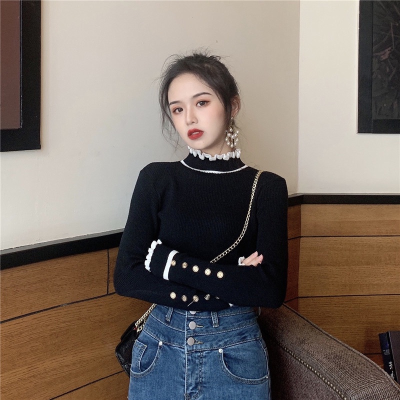 IELGY  Áo Dệt Kim Mỏng Tay Dài Cổ Cao Đính Tai Gỗ Phong Cách Cổ Điển Thời Trang Cho Nữ