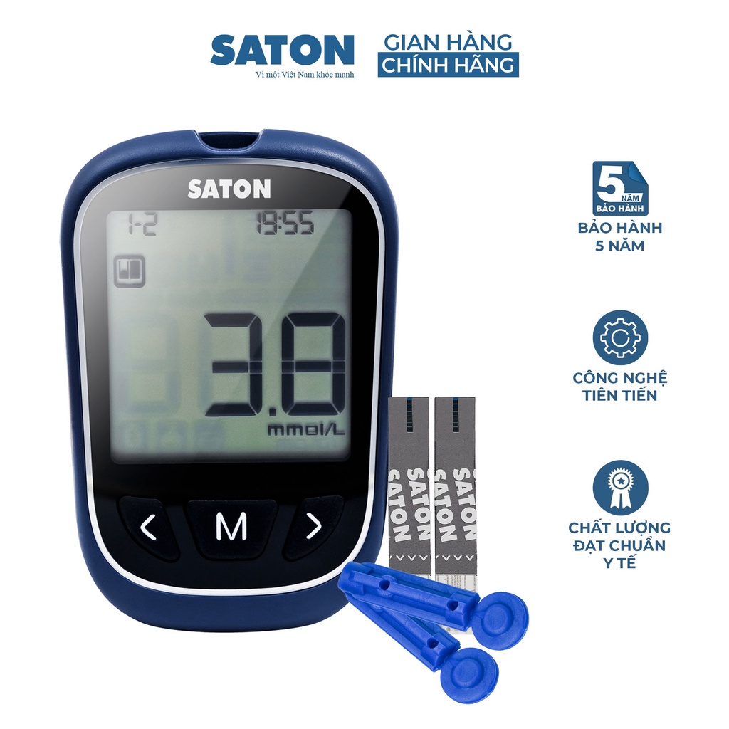 Trọn bộ sản phẩm máy đo đường huyết SATON kèm kim que