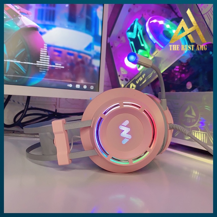 Tai Nghe Máy Tính Laptop Chụp Tai Gaming Headphone Có Mic LED RGB WANGMING 9800S Hồng- Tai Nghe Nhạc Chơi Game Có Dây