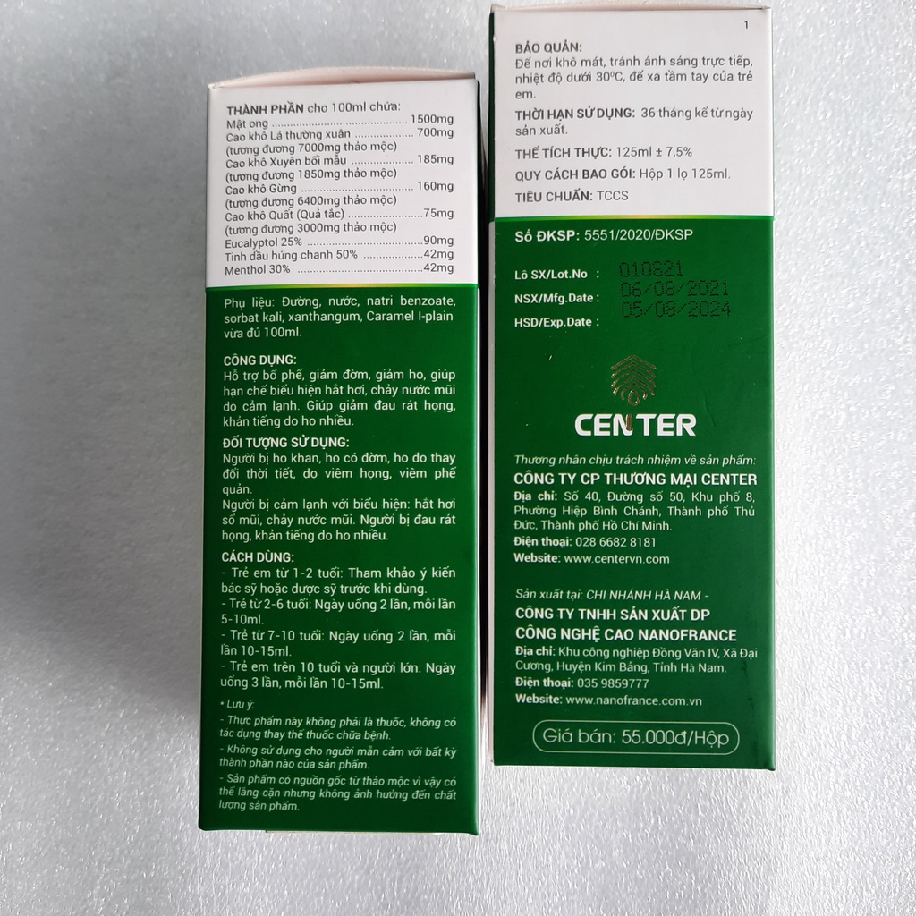 Siro ho cảm center, siro ho thảo dược cao lá thường xuân, quất, gừng, bổ phế, tiêu đờm – chai 125ml