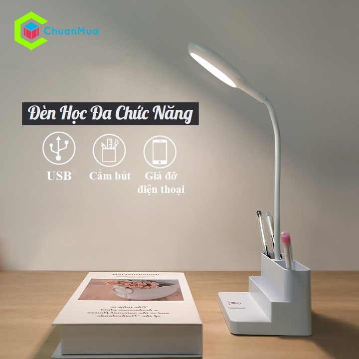 Đèn Học Đọc Sách Chống Cận Thị Không Ánh Sáng Xanh Uốn Cong 360 độ ( Giá đỡ điện thoại, Ống cắm bút, 3 mức độ sáng,... )