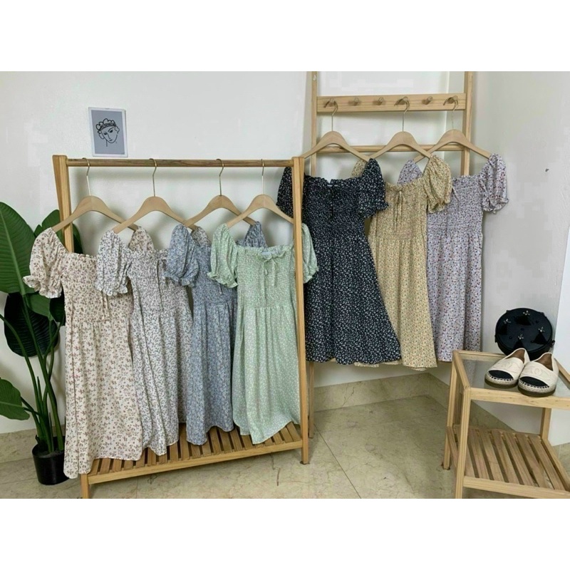 Váy hoa nhí cổ vuông, váy hoa nhí vintage dáng dài chun ngực JUNIDO
