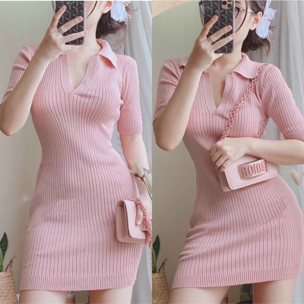 Đầm len tăm phối cổ sơ mi dáng body ôm eo vải co giãn về 4 màu trắng hồng nhạt tím và nõn chuối siêu xinh