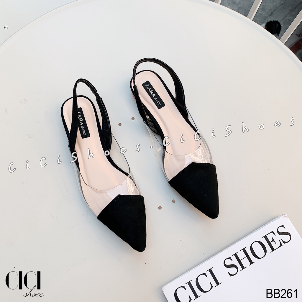 Giày búp bê nữ CiCi Shoes gót hở, giầy da lì mũi tam giác thân trong quai slingback - BB261