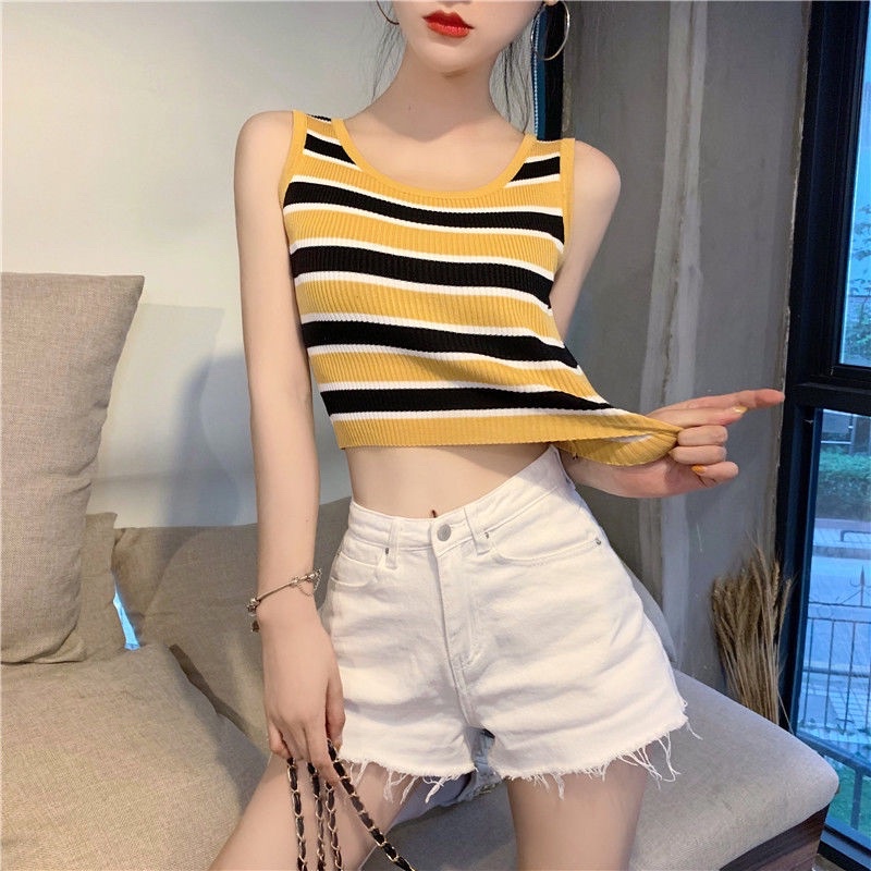 Áo len nữ ba lỗ croptop kẻ ngang 2 màu hàng Quảng Châu