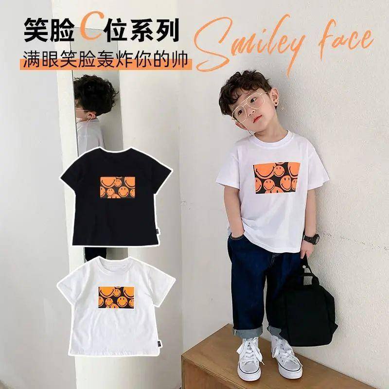 Áo Thun Cotton Mỏng Tay Ngắn In Hình Mặt Cười Thời Trang Xuân Hè Cho Bé Trai