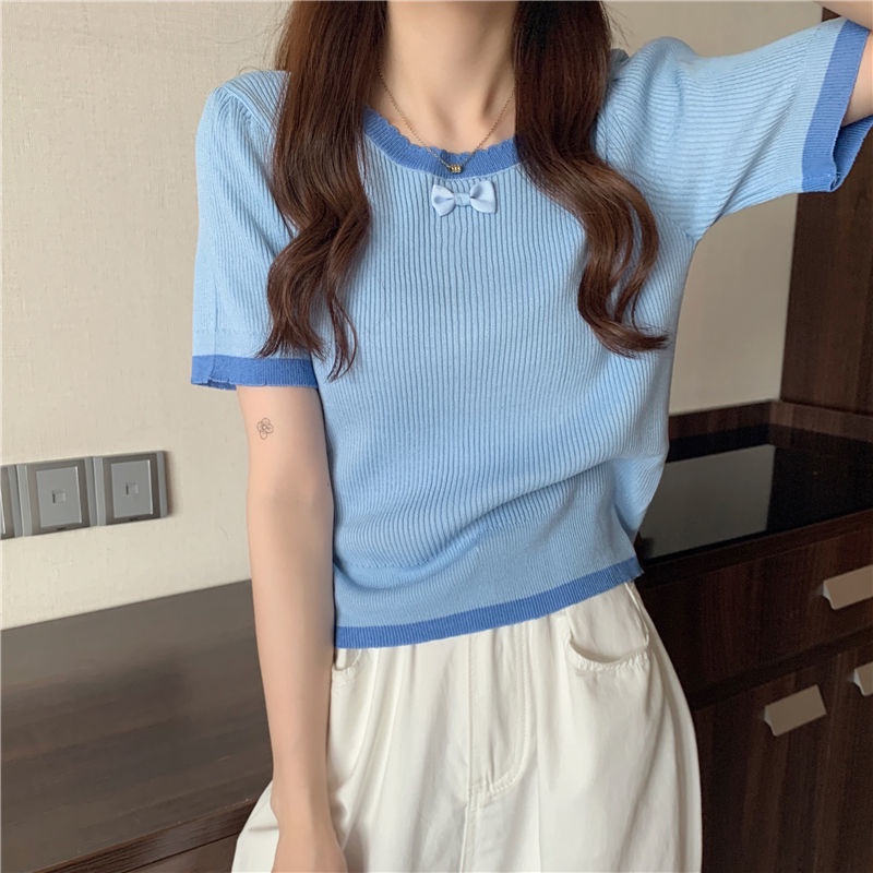 Áo Dệt Kim Tay Ngắn Phối Nơ Nữ Tính Trẻ Trung Hợp Thời Trang  tao bao