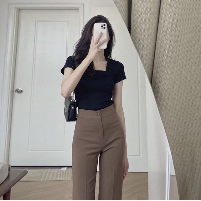 QNU 001A2 Quần Tây Nữ Vải Lưng Cao Một Cúc Dáng Suông Loe Gấu Nhẹ Ngắn Kéo Chân Ailee