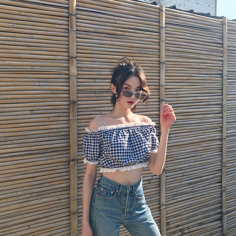 ÁO ULZZANG ÁO CROPTOP TRỄ VAI SỌC CARO HÀN QUỐC