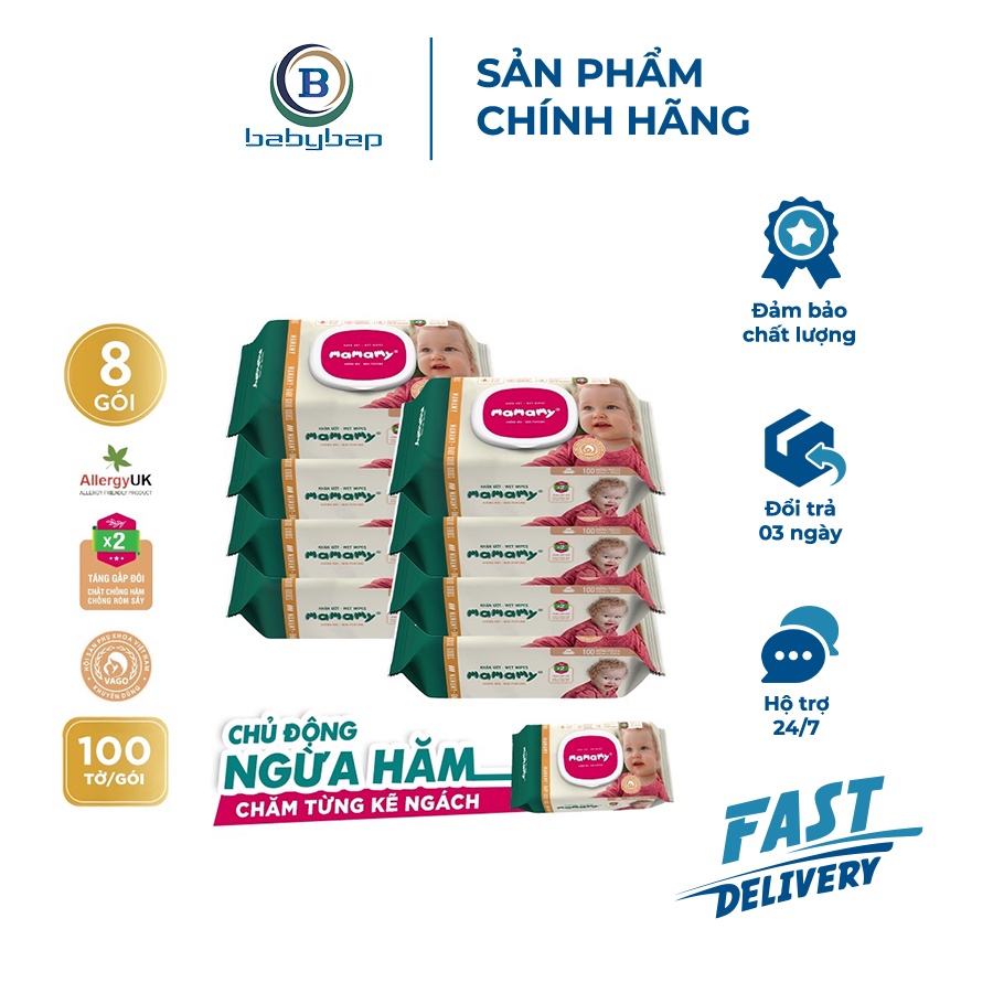 Combo 8 Khăn Ướt Mamamy 100 Tờ Có Nắp Không Mùi