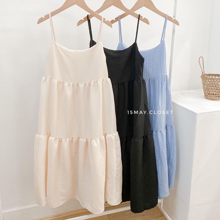 ĐẦM 2 DÂY BABYDOLL XÒE XẾP TẦNG VẢI XỐP BỒNG, DÂY VAI ĐIỀU CHỈNH, VÁY ĐI BIỂN MÙA HÈ