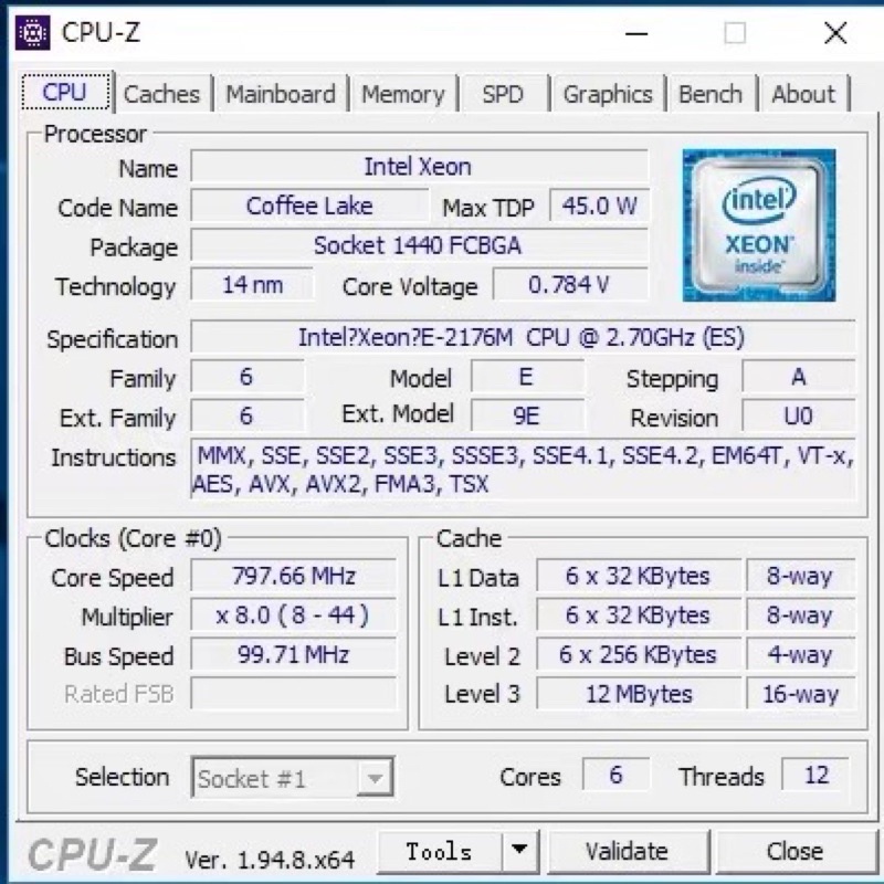 CPU Xeon E2176M QS 6 nhân 12 luồng socket 1151