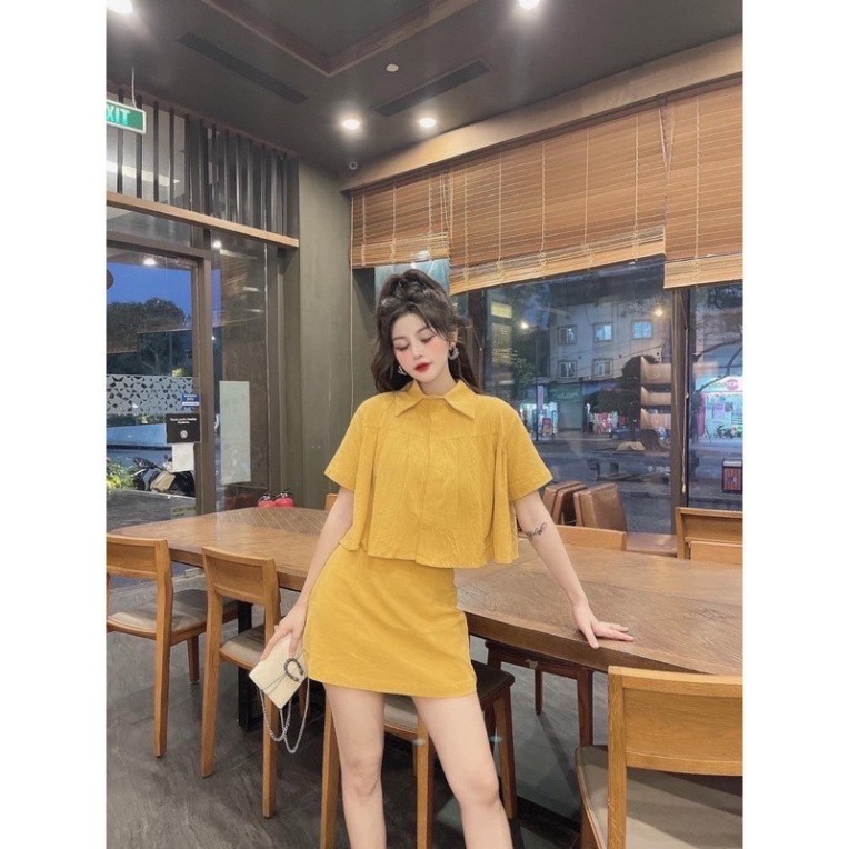 Đồ bộ nữ Set áo cánh dơi mix chân váy A màu vàng chất đũi lụa mềm mát mặc tôn dáng