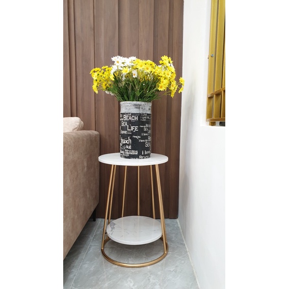 Bàn trà chân sắt mặt đá 2 tầng phong cách Bắc Âu phù hợp phòng khách, phòng ngủ, Kệ trang trí cửa hàng - Mituhome