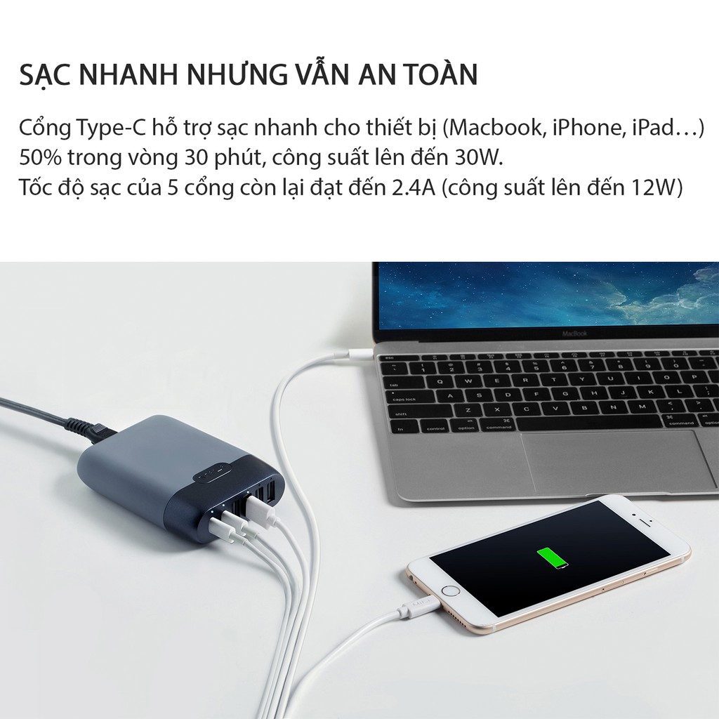 Sạc 6 cổng PD/60W Station III MiLi - HC-H60-C hỗ trợ sạc nhanh