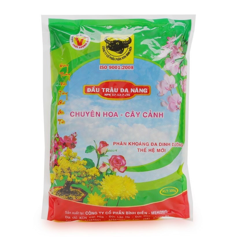 Phân bón đầu trâu đa năng NPK 17-12-7 TE chuyên hoa và cây cảnh - gói 200g - HGM