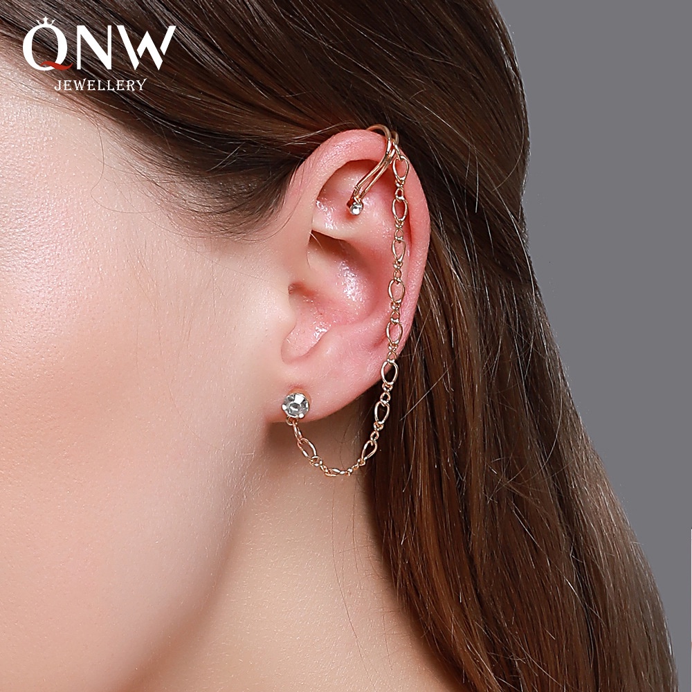 Bông Tai Dạng Kẹp Đính Đá Zircon Phối Dây Xích Dài Kiểu Hàn Quốc Thời Trang Cho Nữ