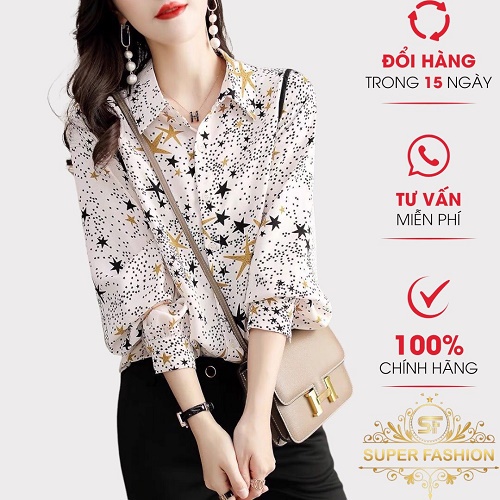 Áo Sơ Mi Nữ Dài Tay Cổ Bẻ SUPER FASHION In Sao Form Chuẩn Chất Lụa Mềm Mát Mặc Đẹp Siêu Xinh