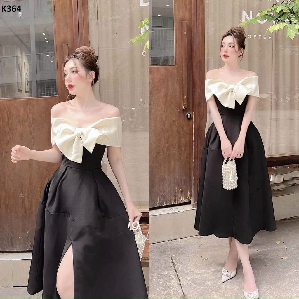 Đầm Xòe Trễ Vai Nơ Ngực Có Mút