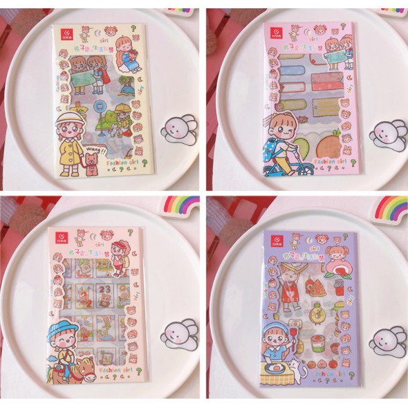 set Sticker cô gái 4 tấm nhũ vàng SSI2 sticker lọ nước hoa hoạt hình sticker trang trí