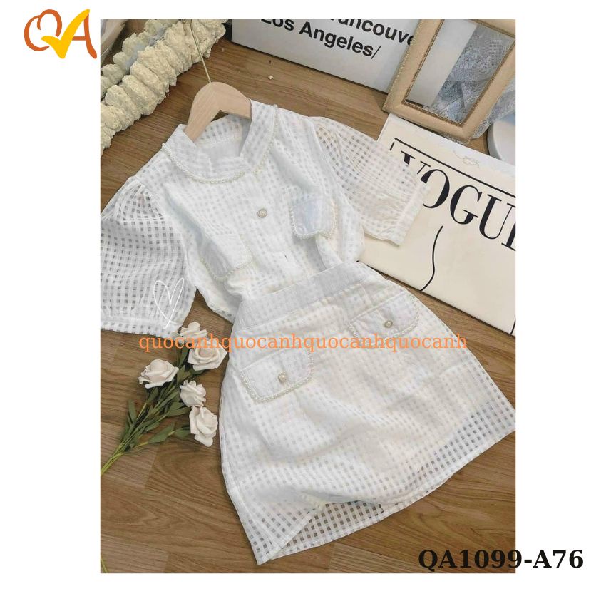 Set Váy nữ Quocanh dạo phố, công sở, chân váy phối với áo sơ mi có túi kiểu, Set đồ nữ xinh xắn