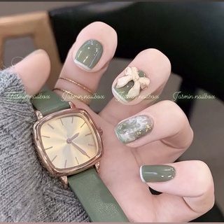 [Mã NHUQAD giảm 10% đơn 100k] Nailbox móng úp thiết kế sẵn xanh lá loang vân đá charm nơ