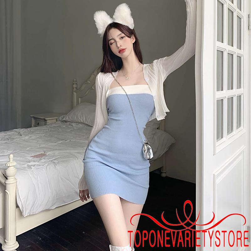 TOPQ-Women´s Bodycon Mini Dress Fashion Strapless Contrast Color Slim Fit Knitted Korean Style Dress
